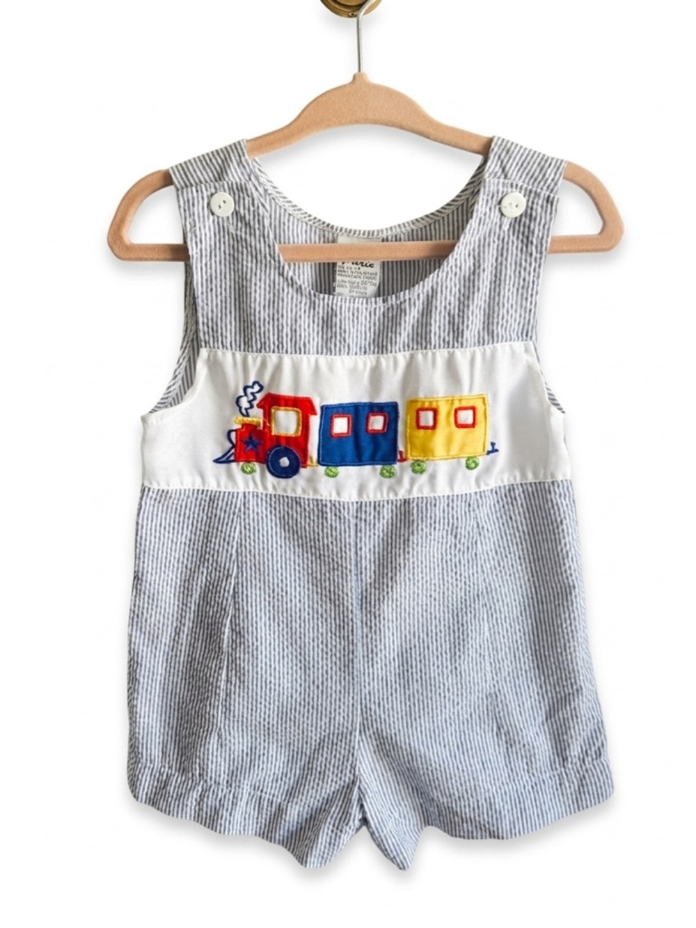 Vintage Baby Boy Romper Seersucker Train Appliqué 6-9 months